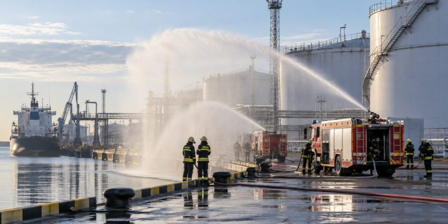 Спасатели создают водяную завесу во время учений в промышленном порту
