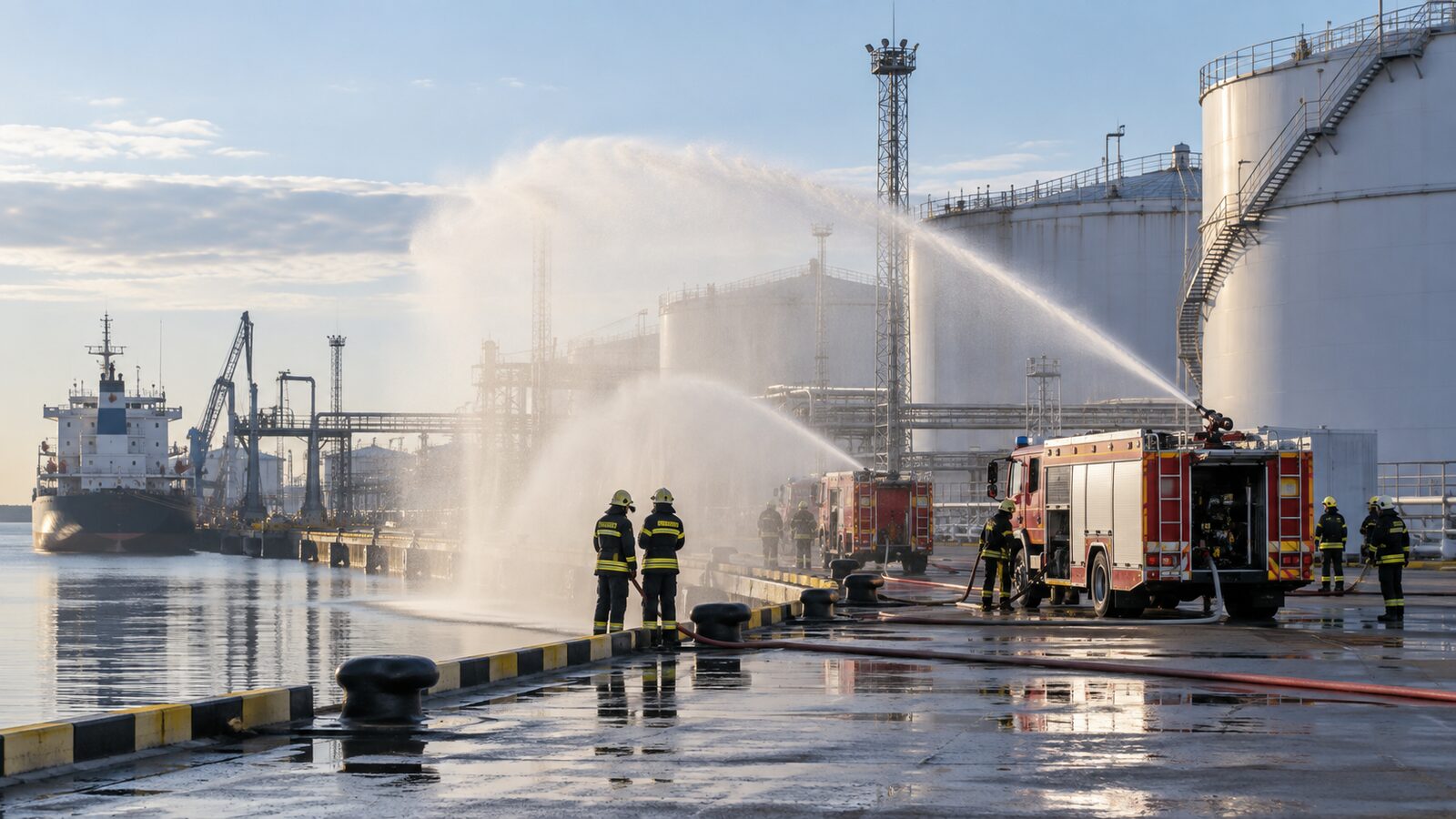 Спасатели создают водяную завесу во время учений в промышленном порту